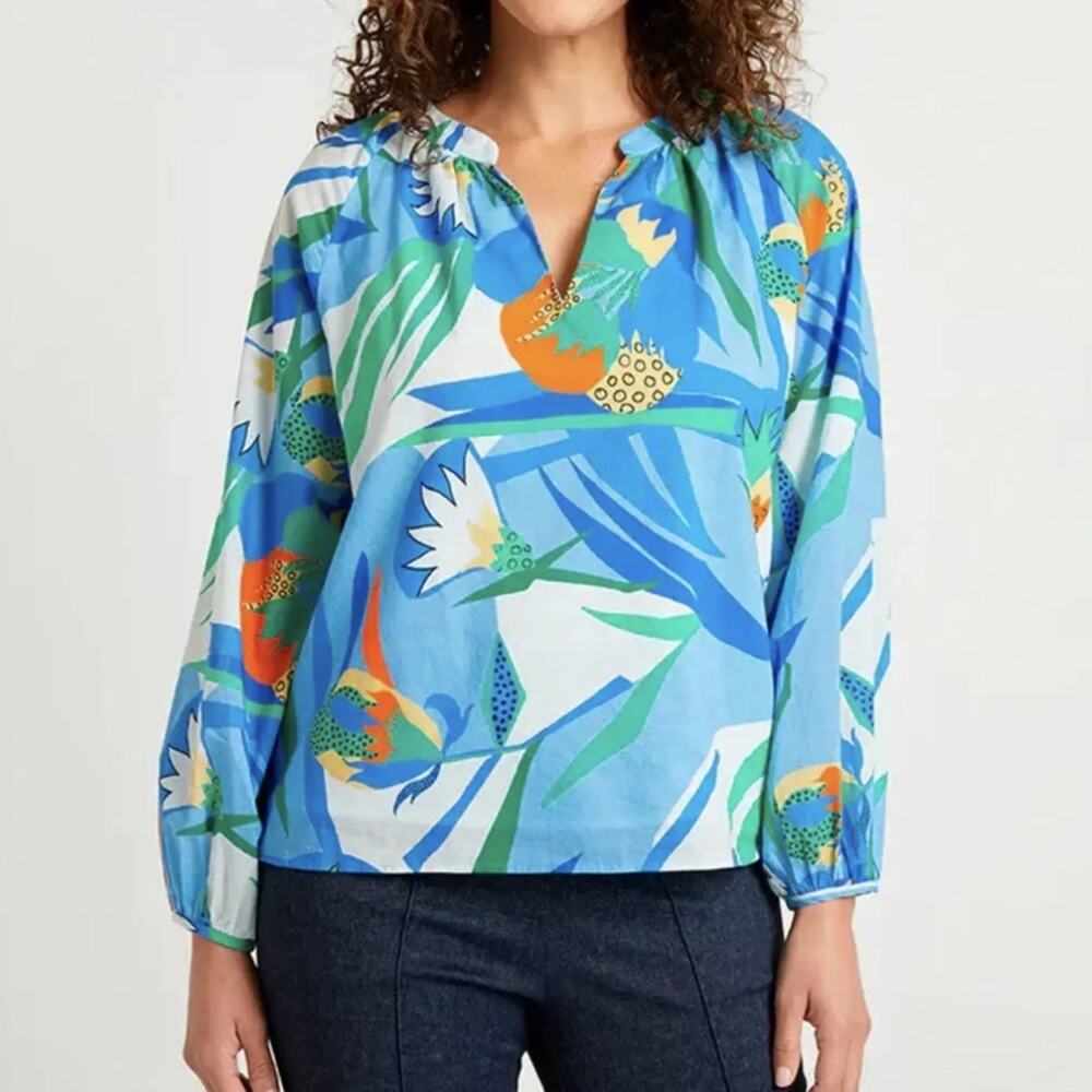Jude Connally Lilith Printed Blouse Sz M Blue Tropical Floral Beach Cotton $148